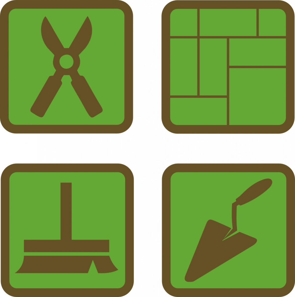 4 Symbole, Hecke schneiden, Laminat und Fliesen verlegen, Hausmeisterservic euund Mauern